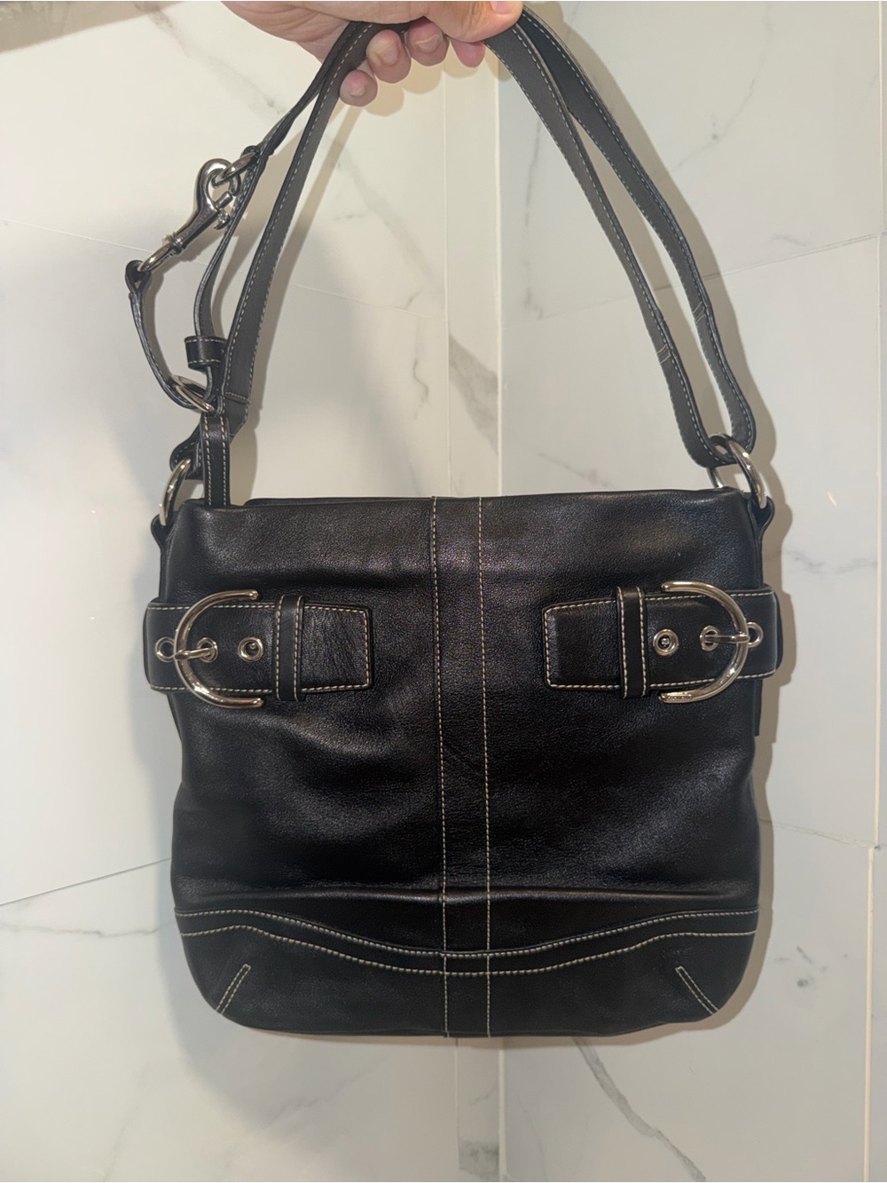 Black Leather Coach Shoulder Bag with Buckle Detail